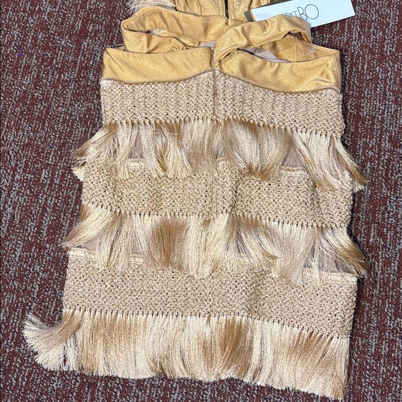 NWT PatBo Fringe plunging mini dress in Almond Womens 4 - Picture 9 of 12
